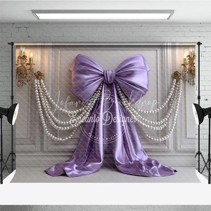 Lofaris Elegant Lavender Satin Bow and Pearl Strands Photography Backdrop White Paneled Wall with Gold Chandeliers