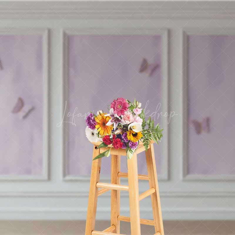 Lofaris Elegant Lavender Wall Photography Backdrop with Gold Butterflies Classic Molding Panel Studio Photo Prop Decor