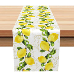 Lofaris Elegant Lemon Table Runner with Gold Leaves on White Modern Summer Citrus Print for Kitchen Dining Decor
