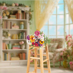 Lofaris Elegant Library Wedding Photography Backdrop Romantic Bookshelf with Flowers Light Academia Themed Photo Prop