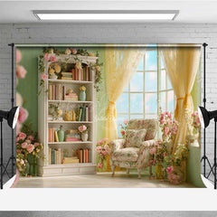 Lofaris Elegant Library Wedding Photography Backdrop Romantic Bookshelf with Flowers Light Academia Themed Photo Prop