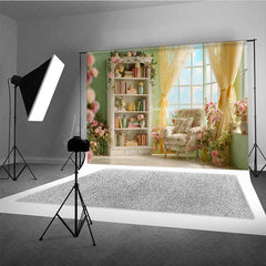 Lofaris Elegant Library Wedding Photography Backdrop Romantic Bookshelf with Flowers Light Academia Themed Photo Prop