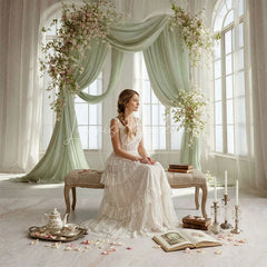 Lofaris Elegant Light Green Drapes Floral Arch Combo Set Backdrop Arched Windows Marble Floor for Wedding Photography
