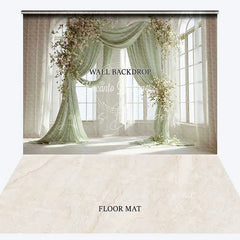 Lofaris Elegant Light Green Drapes Floral Arch Combo Set Backdrop Arched Windows Marble Floor for Wedding Photography