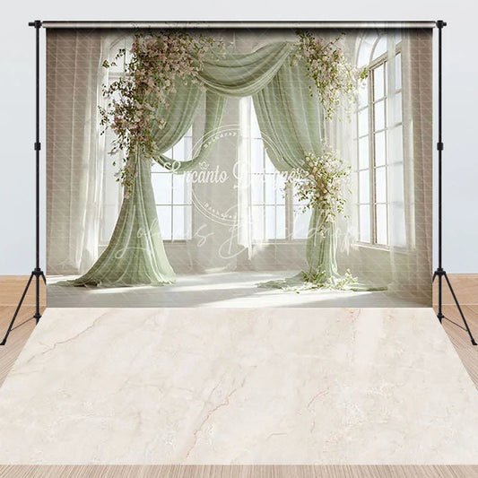 Lofaris Elegant Light Green Drapes Floral Arch Combo Set Backdrop Arched Windows Marble Floor for Wedding Photography