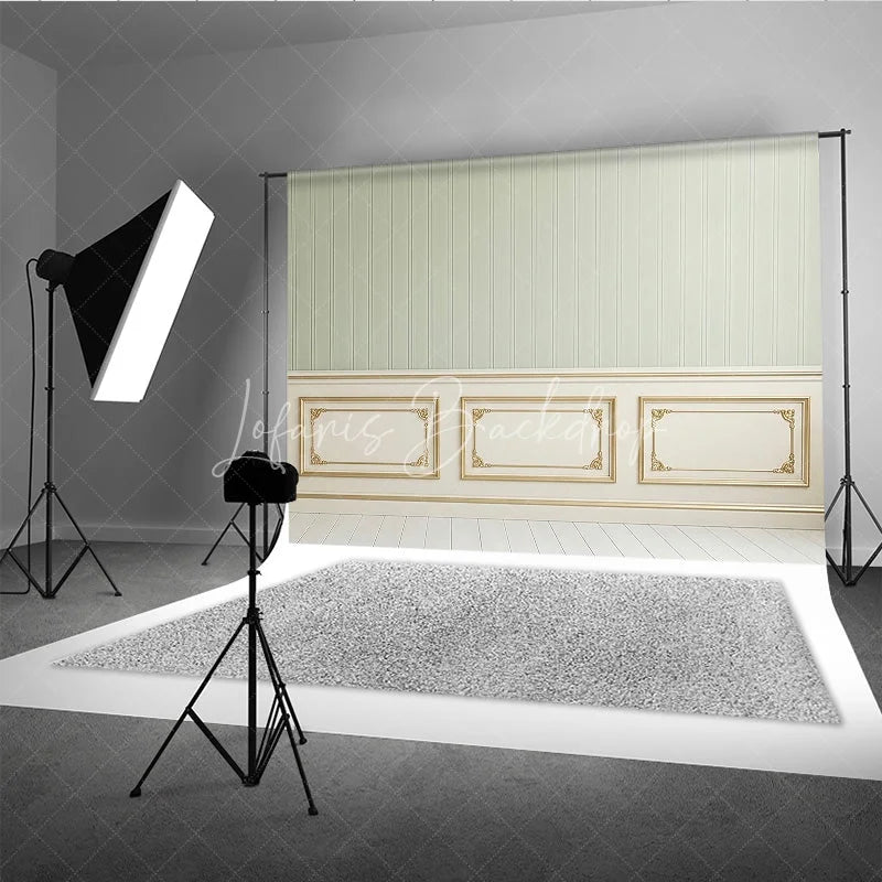 Lofaris Elegant Light Green Striped Wallpaper and Gold Trim Wainscoting Photography Backdrop Classic Interior Decor