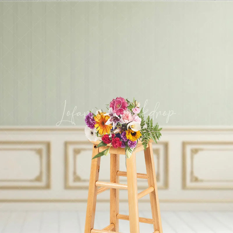 Lofaris Elegant Light Green Striped Wallpaper and Gold Trim Wainscoting Photography Backdrop Classic Interior Decor