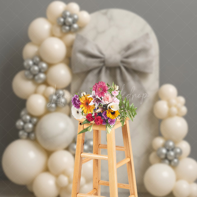 Lofaris Elegant Marble Arch Cake Smash Backdrop Gray Bow and Neutral Balloons Modern First Birthday Photography Prop