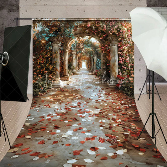 Lofaris Elegant Marble Column Arch Backdrop Rose Floral Garden Path with Fallen Petals Romantic Wedding Background