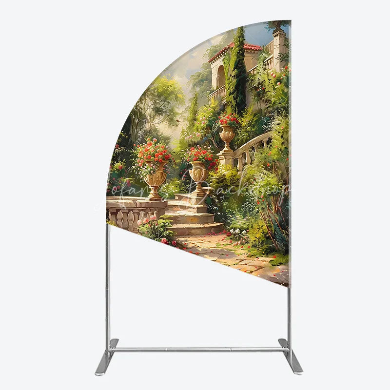 Lofaris Elegant Mediterranean Garden half moon arch backdrop featuring a picturesque stone staircase and vibrant floral urns