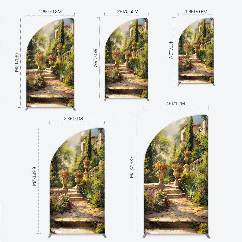Lofaris Elegant Mediterranean Garden half moon arch backdrop featuring a picturesque stone staircase and vibrant floral urns