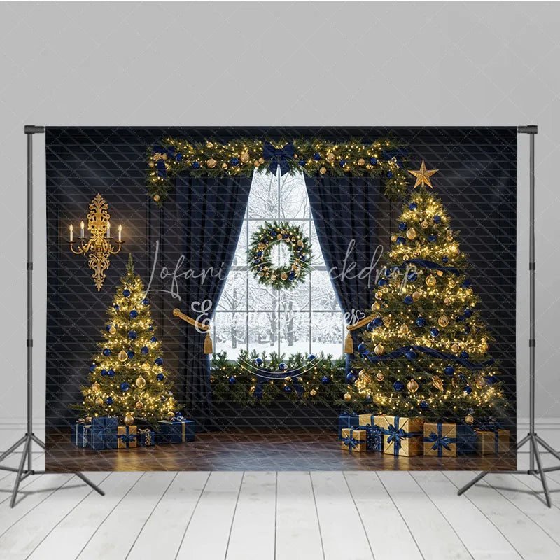 Lofaris Elegant Navy Blue and Gold Christmas Photography Backdrop Snowy Window with Trees Luxury Holiday Photo Background