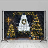 Lofaris Elegant Navy Blue and Gold Christmas Photography Backdrop Snowy Window with Trees Luxury Holiday Photo Background