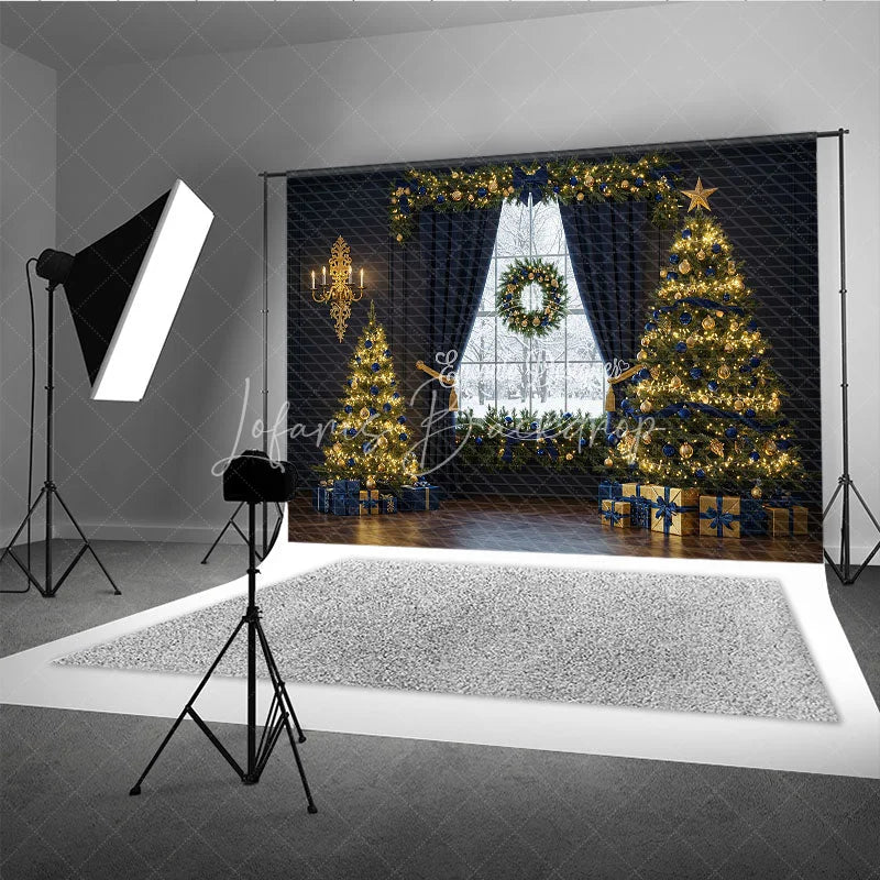 Lofaris Elegant Navy Blue and Gold Christmas Photography Backdrop Snowy Window with Trees Luxury Holiday Photo Background