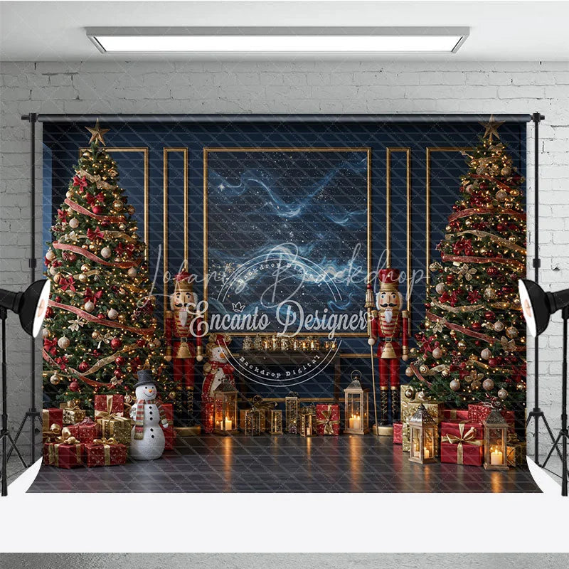 Lofaris Elegant Navy Blue Christmas Photography Backdrop Nutcrackers and Snowman Starry Night Holiday Photo Background