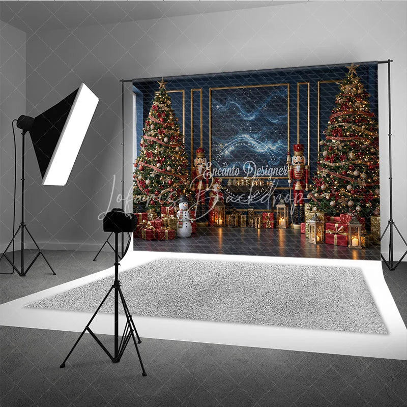 Lofaris Elegant Navy Blue Christmas Photography Backdrop Nutcrackers and Snowman Starry Night Holiday Photo Background