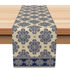Lofaris Elegant Navy Blue Damask Table Runner Beige Neutral Pattern Modern Farmhouse Dining Decor