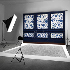 Lofaris Elegant Navy Blue Wall Photography Backdrop Chinoiserie Style with Floral Panels Fine Art Studio Photo Prop