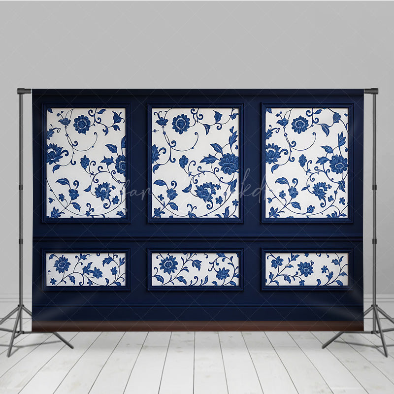 Lofaris Elegant Navy Blue Wall Photography Backdrop Chinoiserie Style with Floral Panels Fine Art Studio Photo Prop