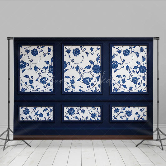 Lofaris Elegant Navy Blue Wall Photography Backdrop Chinoiserie Style with Floral Panels Fine Art Studio Photo Prop