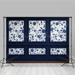 Lofaris Elegant Navy Blue Wall Photography Backdrop Chinoiserie Style with Floral Panels Fine Art Studio Photo Prop