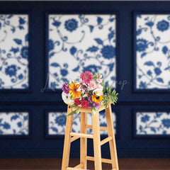 Lofaris Elegant Navy Blue Wall Photography Backdrop Chinoiserie Style with Floral Panels Fine Art Studio Photo Prop