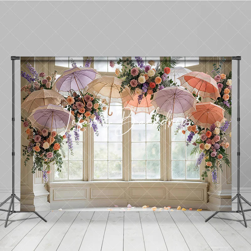 Lofaris Elegant Pastel Floral and Lace Umbrella Window Photography Backdrop Romantic Wedding Bridal Shower Decor