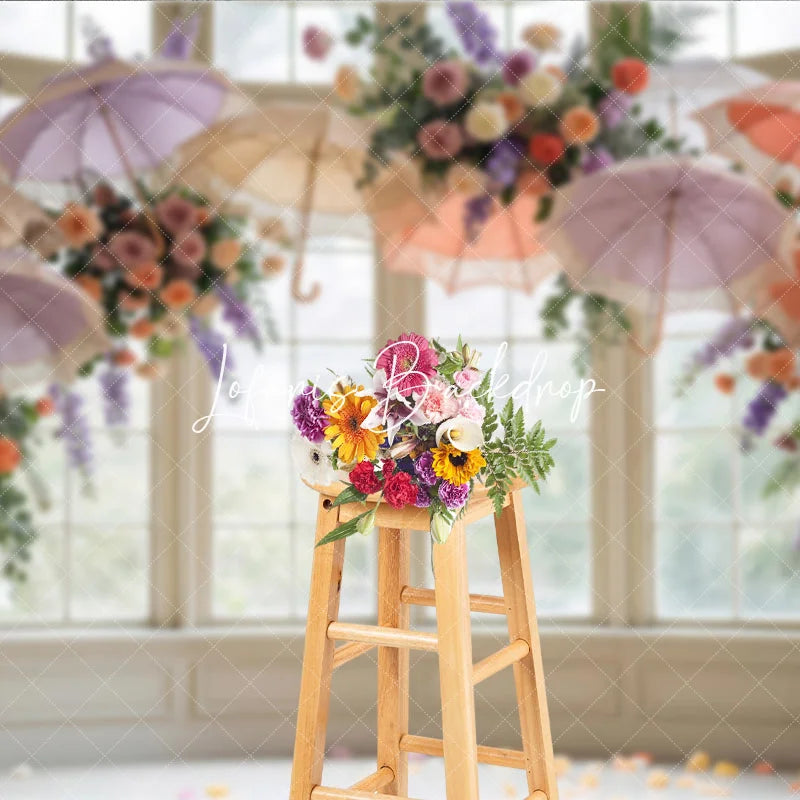 Lofaris Elegant Pastel Floral and Lace Umbrella Window Photography Backdrop Romantic Wedding Bridal Shower Decor