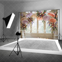Lofaris Elegant Pastel Floral and Lace Umbrella Window Photography Backdrop Romantic Wedding Bridal Shower Decor
