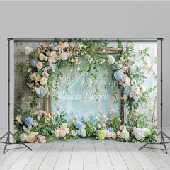 Lofaris Elegant Pastel Floral Arch Photography Backdrop Pink and Blue Flowers with Lush Greenery for Wedding Baby Shower