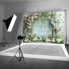 Lofaris Elegant Pastel Floral Arch Photography Backdrop Pink and Blue Flowers with Lush Greenery for Wedding Baby Shower