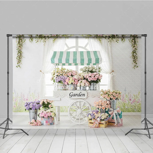 Lofaris Elegant Pastel Flower Cart Photography Backdrop Garden Window Scene with Roses and Hydrangeas