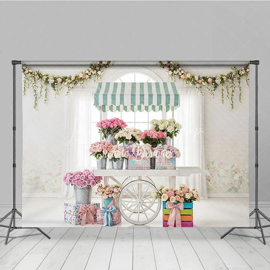 Lofaris Elegant Pastel Flower Cart Photography Backdrop with Roses and Floral Garlands Spring Baby Shower Birthday Decor