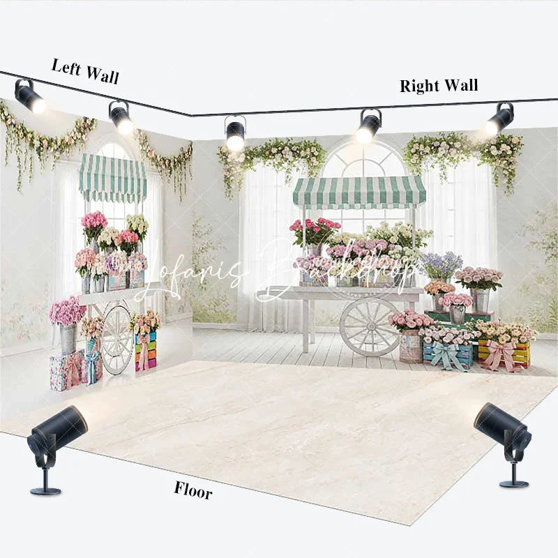 Lofaris Elegant Pastel Flower Cart Room Set Backdrop Striped Awnings and Greenery for Spring Photography Studio Decor