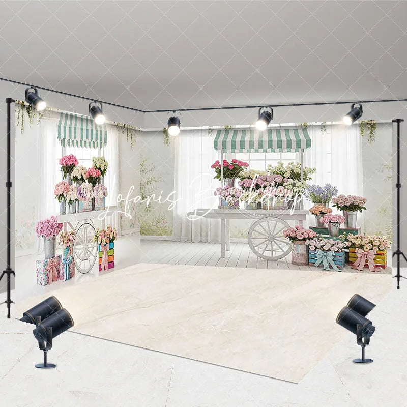 Lofaris Elegant Pastel Flower Cart Room Set Backdrop Striped Awnings and Greenery for Spring Photography Studio Decor