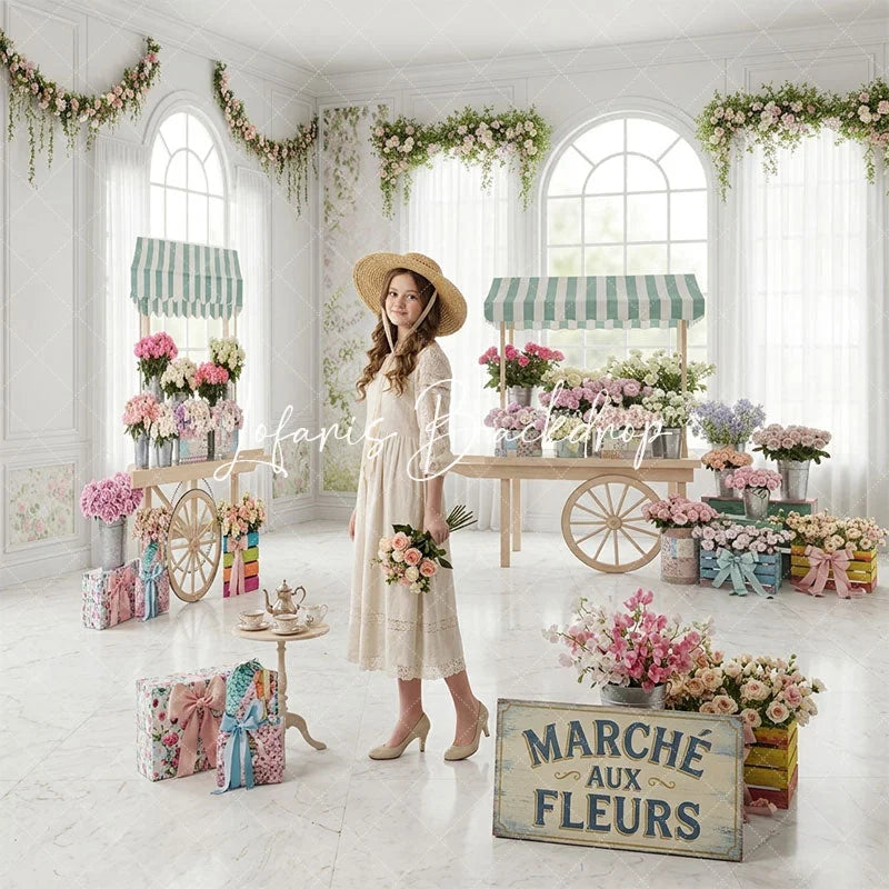 Lofaris Elegant Pastel Flower Cart Room Set Backdrop Striped Awnings and Greenery for Spring Photography Studio Decor