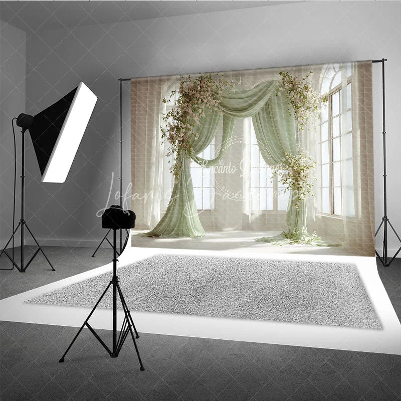 Lofaris Elegant Pastel Green Draped Arch Photography Backdrop with White and Pink Flowers Wedding Baby Shower Decor