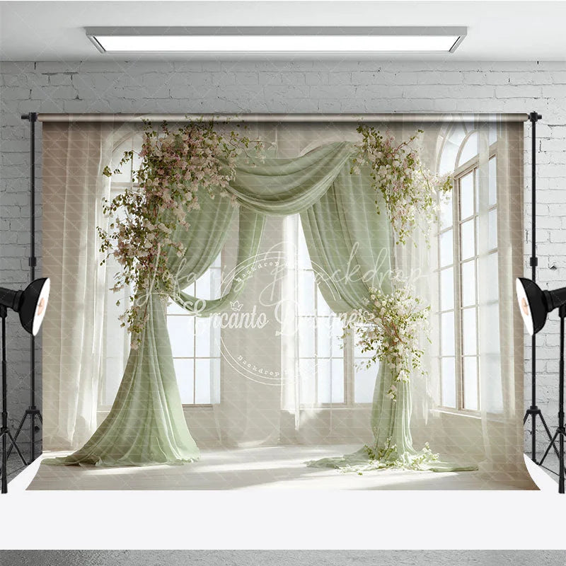 Lofaris Elegant Pastel Green Draped Arch Photography Backdrop with White and Pink Flowers Wedding Baby Shower Decor