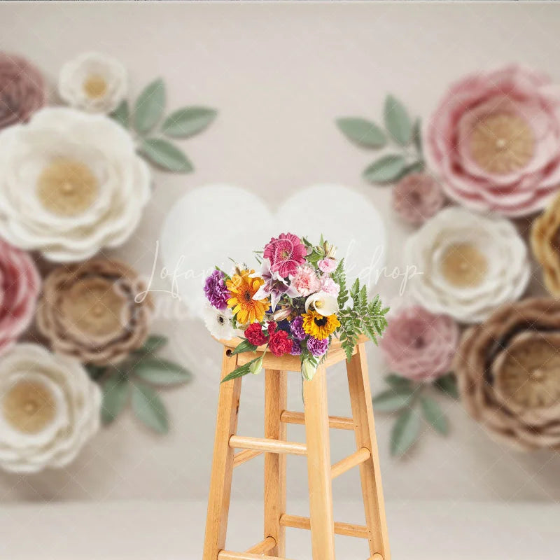 Lofaris Elegant Pastel Paper Flowers Photography Backdrop with a White Heart ideal for Baby Shower and Wedding Celebrations