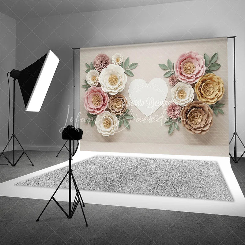 Lofaris Elegant Pastel Paper Flowers Photography Backdrop with a White Heart ideal for Baby Shower and Wedding Celebrations