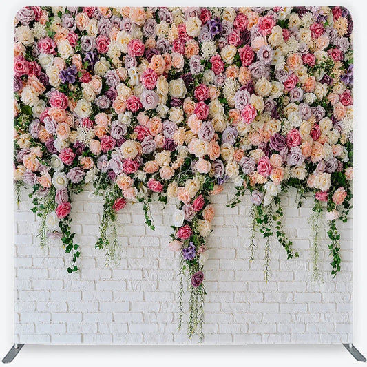 Lofaris Elegant Pastel Rose Flower Wall Square Double-Sided Backdrop with Greenery for Wedding Party Photography
