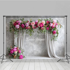 Lofaris Elegant Peony Floral Arch Photography Backdrop Grey Curtains on Textured Wall Wedding Photo Booth Background