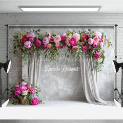 Lofaris Elegant Peony Floral Arch Photography Backdrop Grey Curtains on Textured Wall Wedding Photo Booth Background