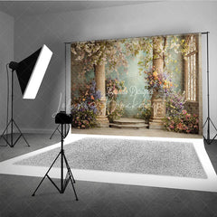 Lofaris Elegant Photography Backdrop with Classical Stone Columns Lush Floral Arrangements and an Arched Window