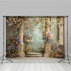 Lofaris Elegant Photography Backdrop with Classical Stone Columns Lush Floral Arrangements and an Arched Window