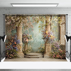 Lofaris Elegant Photography Backdrop with Classical Stone Columns Lush Floral Arrangements and an Arched Window