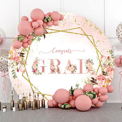 Lofaris Elegant Pink and Gold Glitter Graduation Round Backdrop Floral Congrats GRAD Design for Party Decor