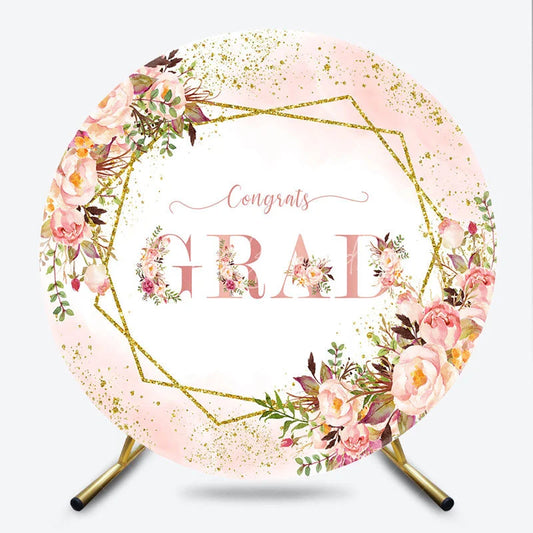 Lofaris Elegant Pink and Gold Glitter Graduation Round Backdrop Floral Congrats GRAD Design for Party Decor