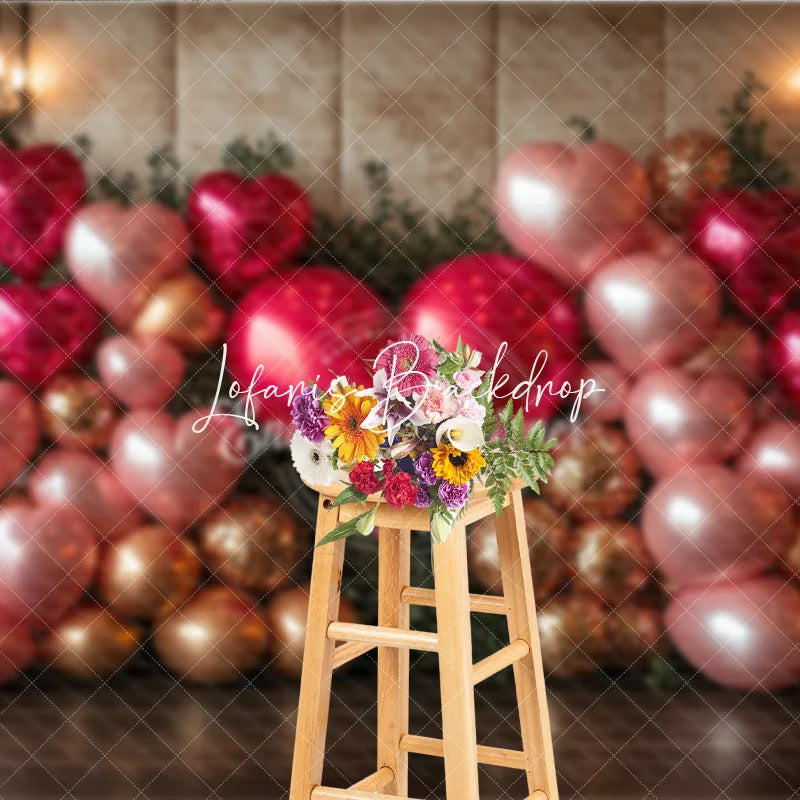 Lofaris Elegant Pink and Gold Heart Balloon Photography Backdrop with Greenery Romantic Valentine’s Day Celebration Decor