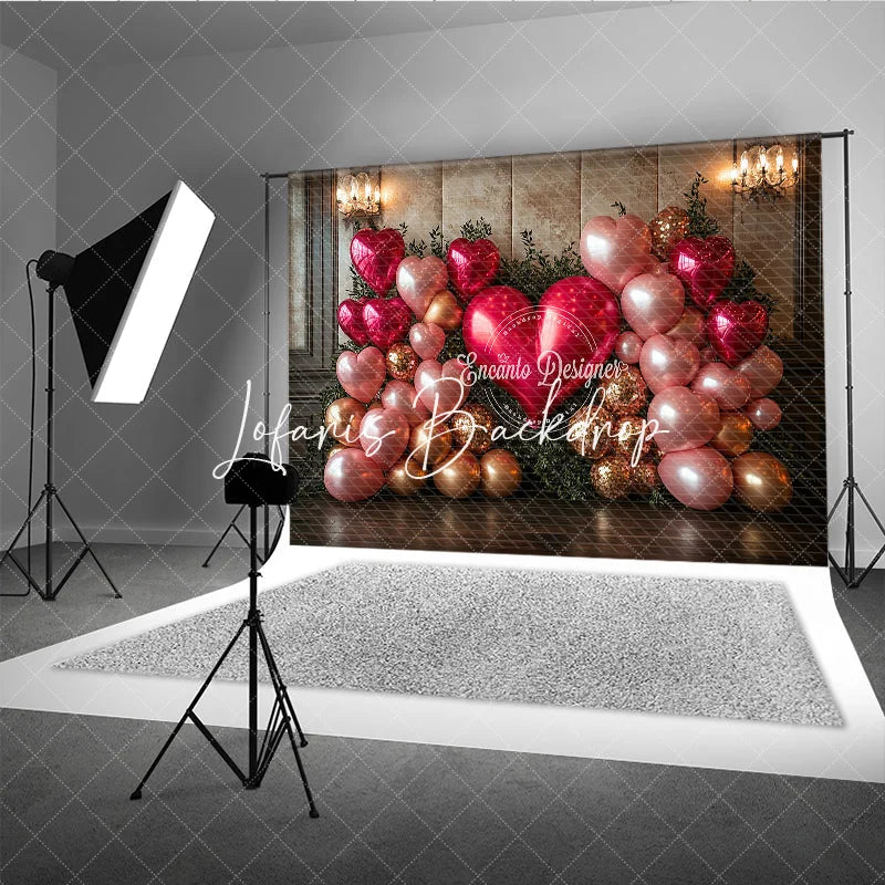 Lofaris Elegant Pink and Gold Heart Balloon Photography Backdrop with Greenery Romantic Valentine’s Day Celebration Decor